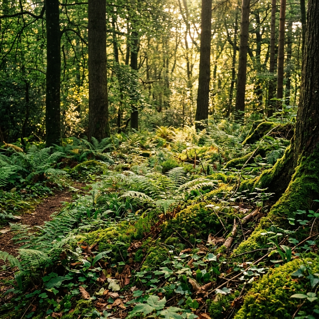 A lush dense forest floor covered with vibrant green ferns moss and wild woodland plants bathed in golden sunlight filtering through tall ancient trees photorealistic nature photography no people